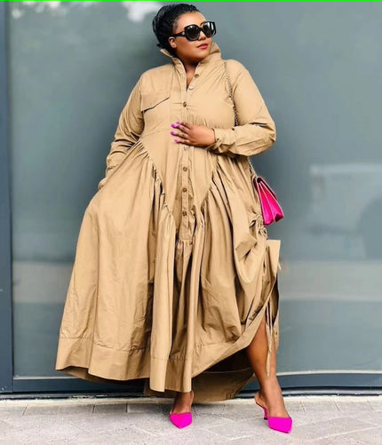 Beige shirt dress with button front, long sleeves, and gathered stretch waist