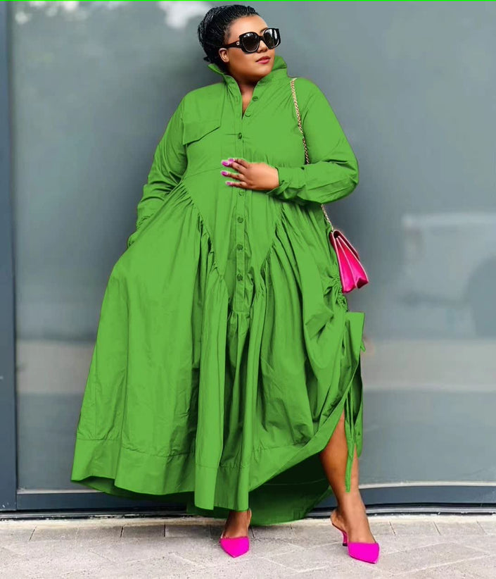 Green shirt dress with button front, long sleeves, and gathered stretch waist