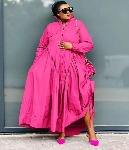 Deep-pink shirt dress with button front, long sleeves, and gathered stretch waist