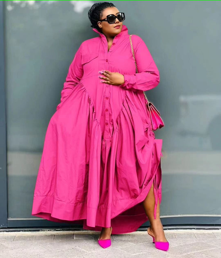 Deep-pink shirt dress with button front, long sleeves, and gathered stretch waist