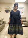 Midi dress with ethnic print flared skirt, navy top and ornate border hem