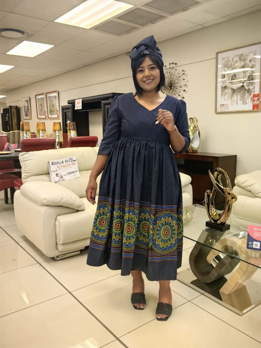 Mid-Length Flared Skirt Dress with Ethnic Print Hem