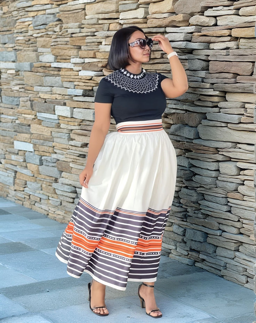 Ethnic-Style Two-Piece Dress with Embroidered Panels, Vintage Collar, and Pleated Hem Design