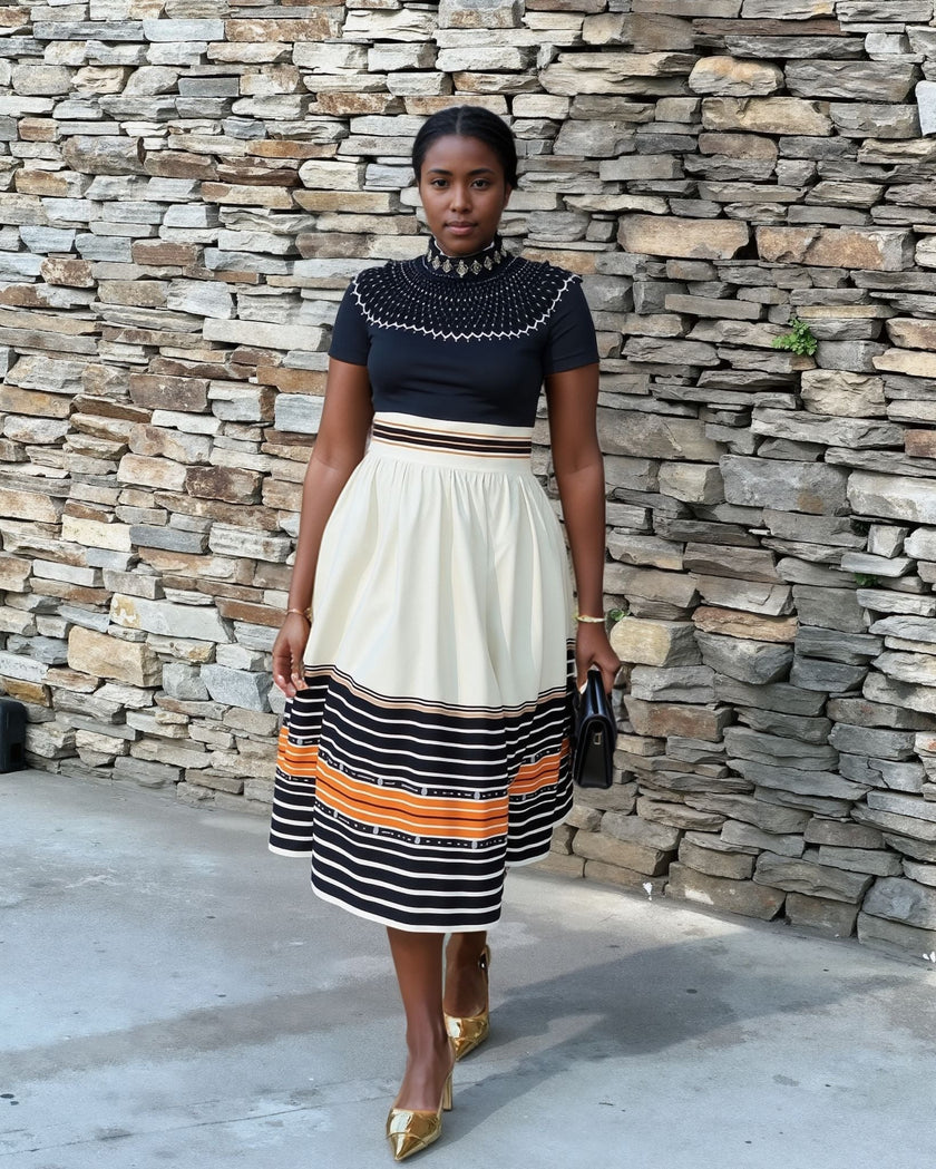 Ethnic-Style Two-Piece Dress with Embroidered Panels, Vintage Collar, and Pleated Hem Design