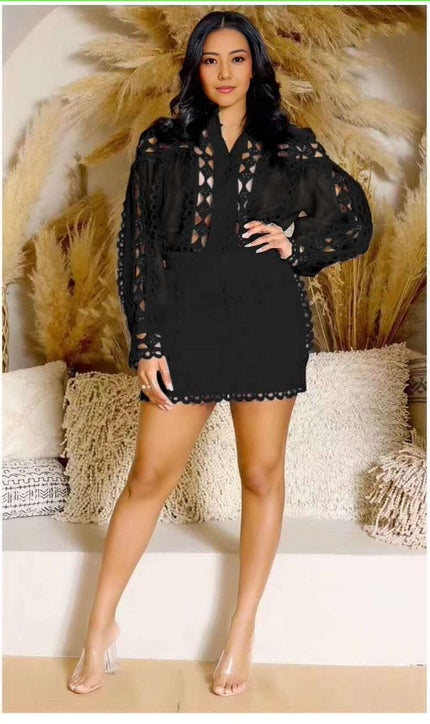Hollow Out Design Long Sleeve Dress Set