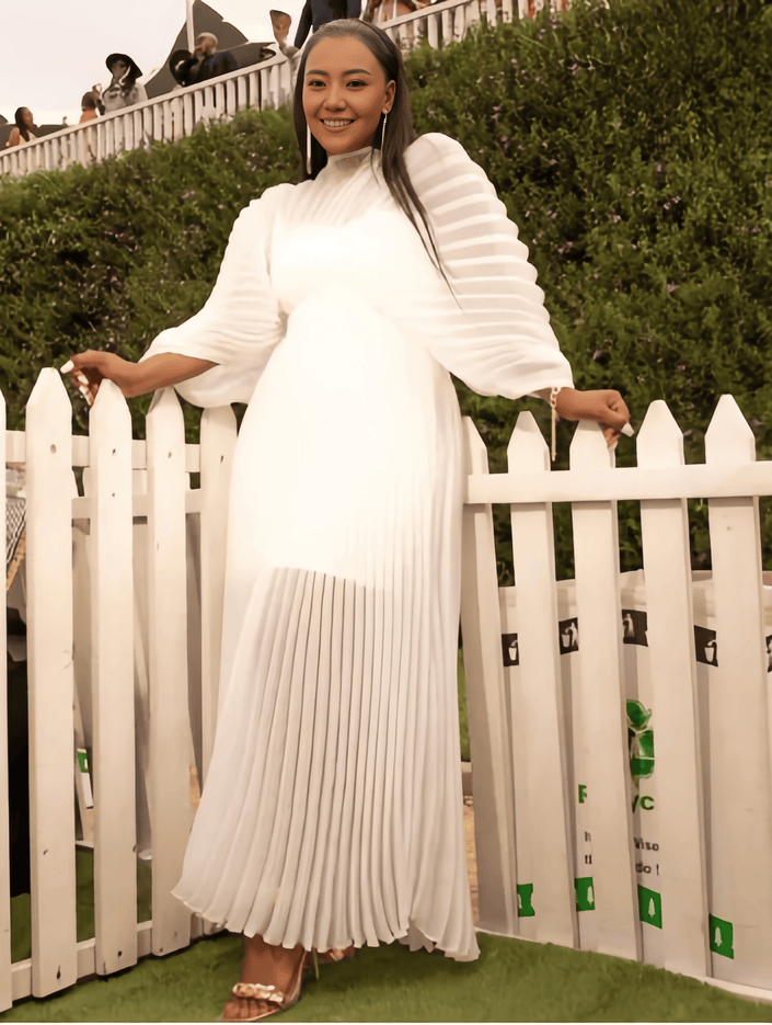 Long-Sleeve Pleated Maxi Dress with Cinched Waist