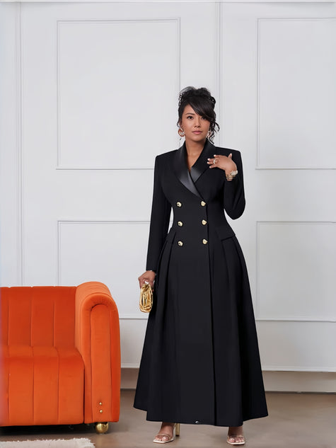 Satin Lapel Double-Breasted Blazer Dress Flared Skirt For Formal Events