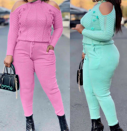 Off-shoulder knit twin set with high-waist pants in pink and aquamarine, cable knit