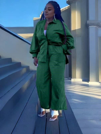 Dark-green loose shirt and straight pant twin set with button front and tie waist