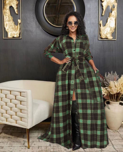 Green plaid belted maxi dress with long sleeves, button-front, and waist tie.