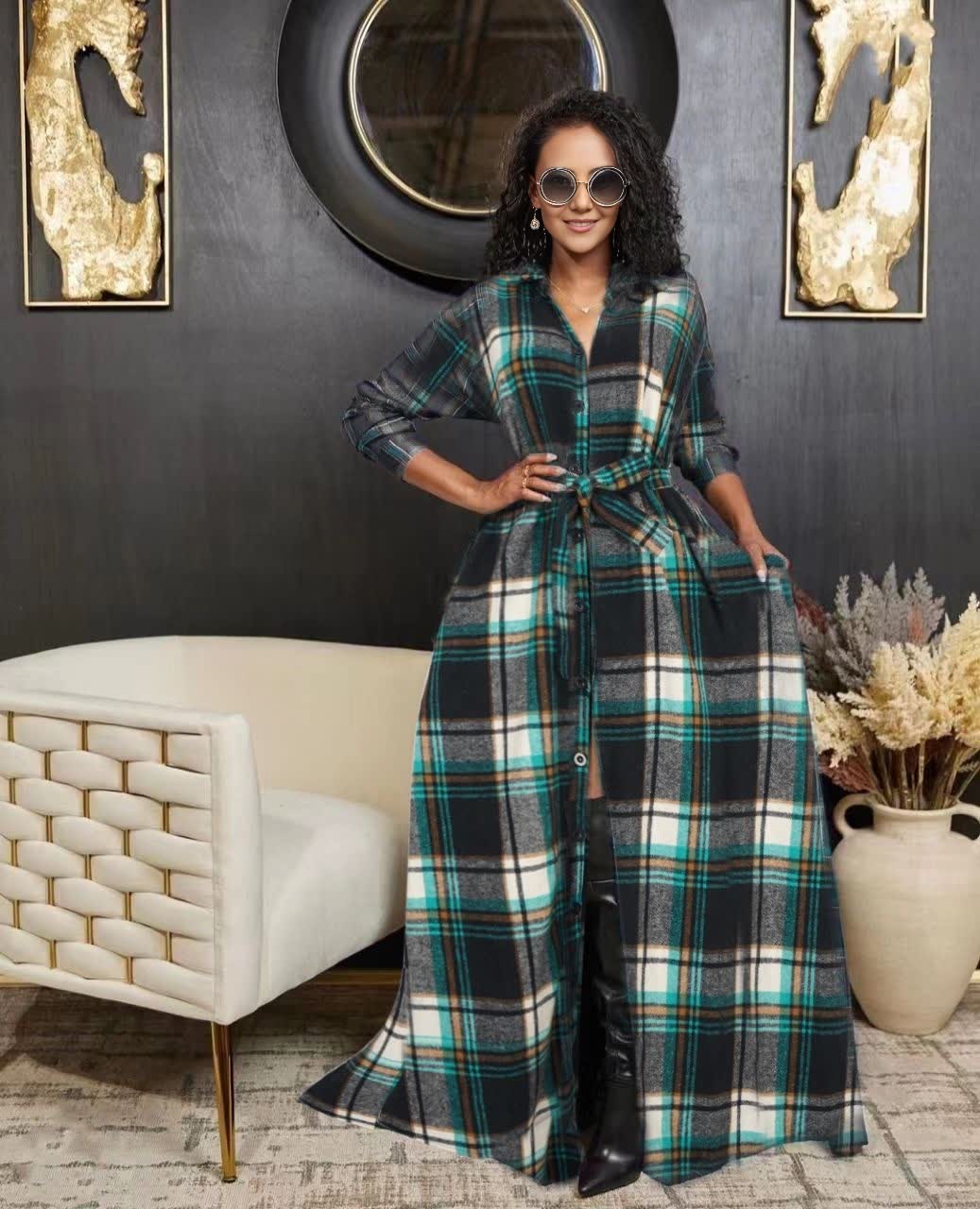 Blue plaid belted maxi dress with long sleeves, button-front, and waist tie belt.