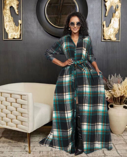 Blue plaid belted maxi dress with long sleeves, button-front, and waist tie belt.