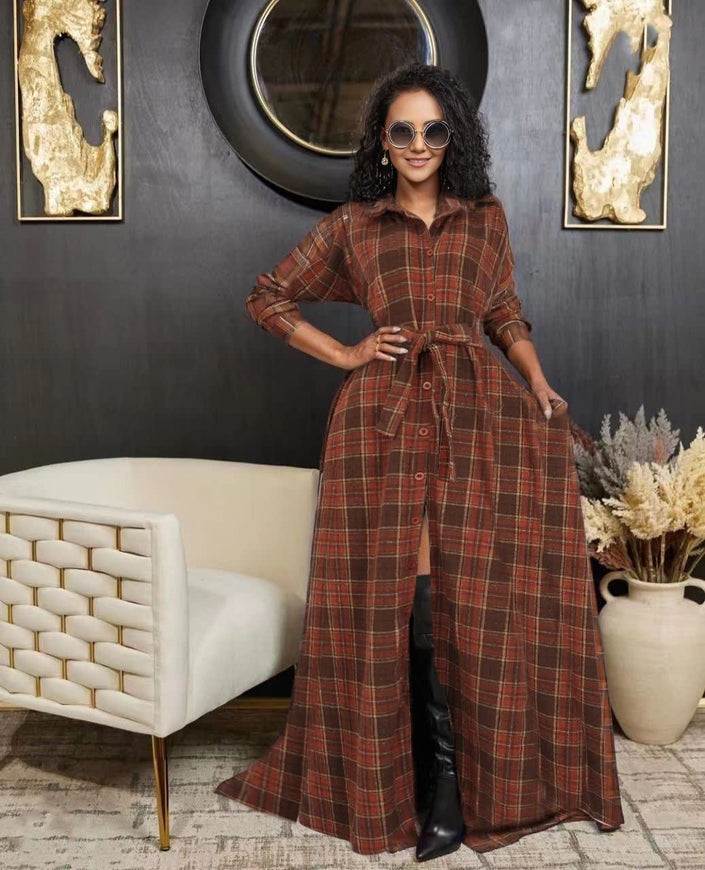 Brown plaid belted maxi dress with long sleeves, button-front, and waist tie belt.