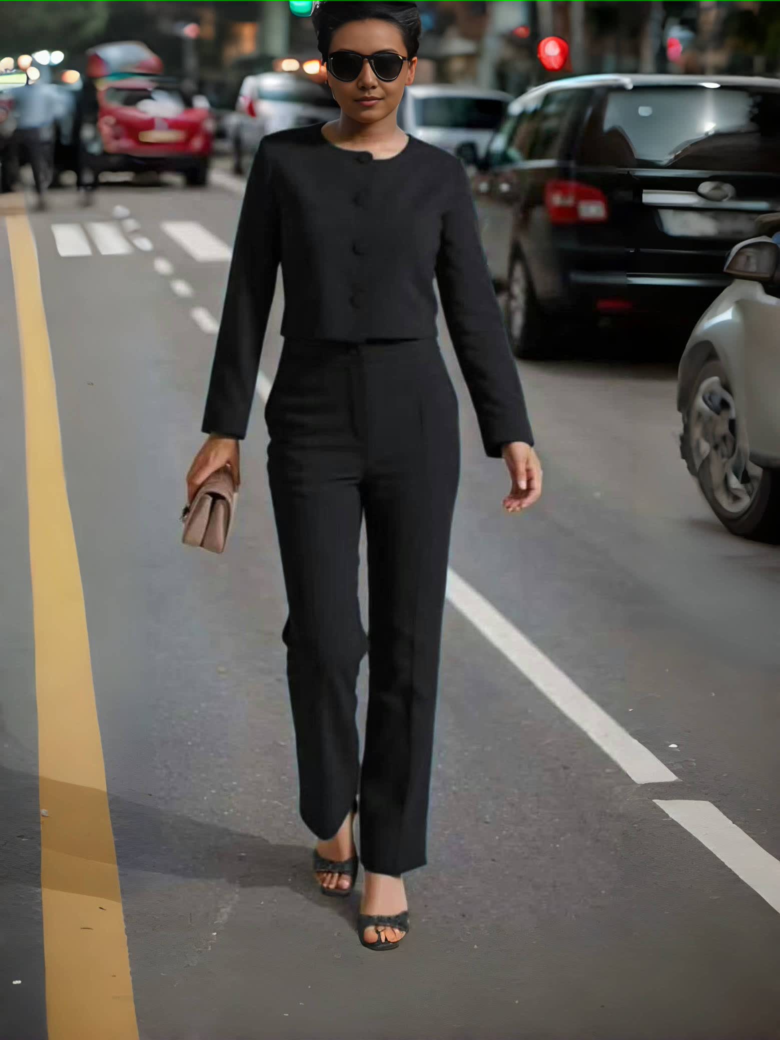 Black button-front top and straight-leg pants set, long sleeves