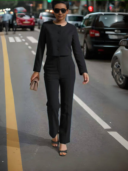 Black button-front top and straight-leg pants set, long sleeves