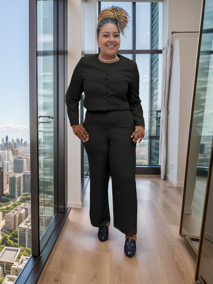 Black long-sleeve button-front top with straight-leg pants