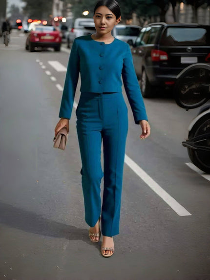 Blue button-front top and straight-leg pants set, long sleeves