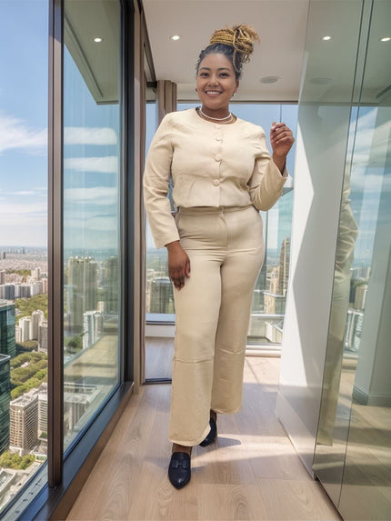 Beige button-front top and straight-leg pants set with long sleeves