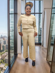 Light beige button-front long-sleeve top and straight-leg pants