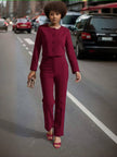Maroon button-front top and straight-leg pants set, long sleeves