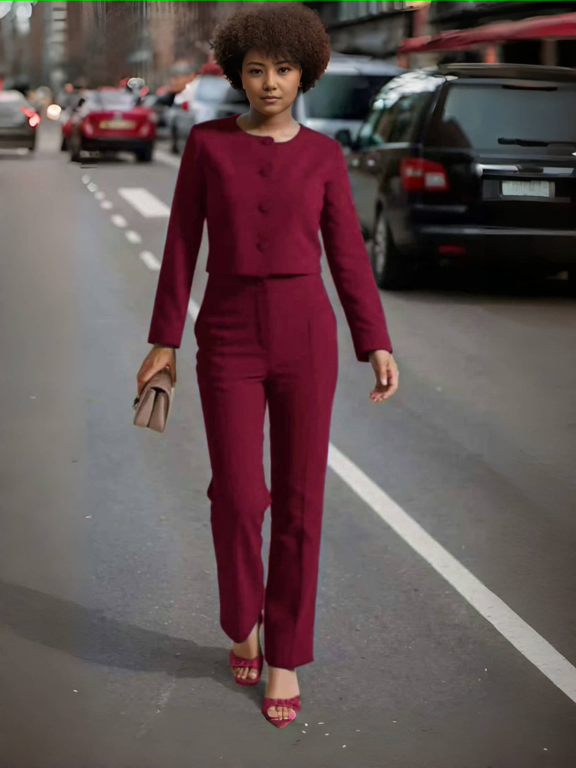 Fashion Long Sleeve Buttoned Top and High-Waisted Straight-Leg Pants Two-Piece Set