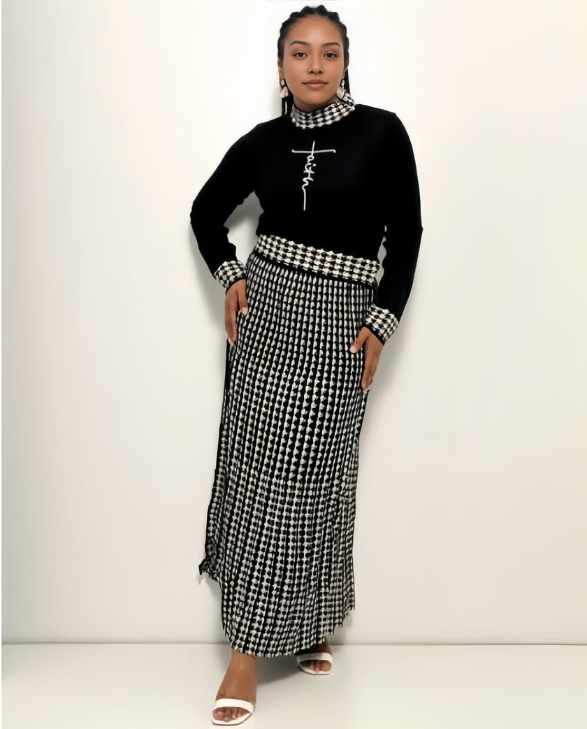 Houndstooth Knitted Two-Piece Set: Long-Sleeve Top and Skirt