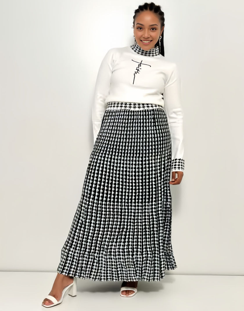 Houndstooth Knitted Two-Piece Set: Long-Sleeve Top and Skirt
