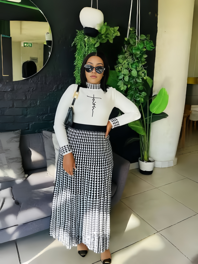 Houndstooth Knitted Two-Piece Set: Long-Sleeve Top and Skirt