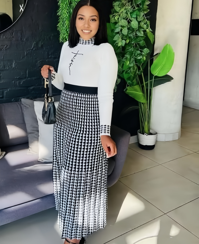 Houndstooth Knitted Two-Piece Set: Long-Sleeve Top and Skirt