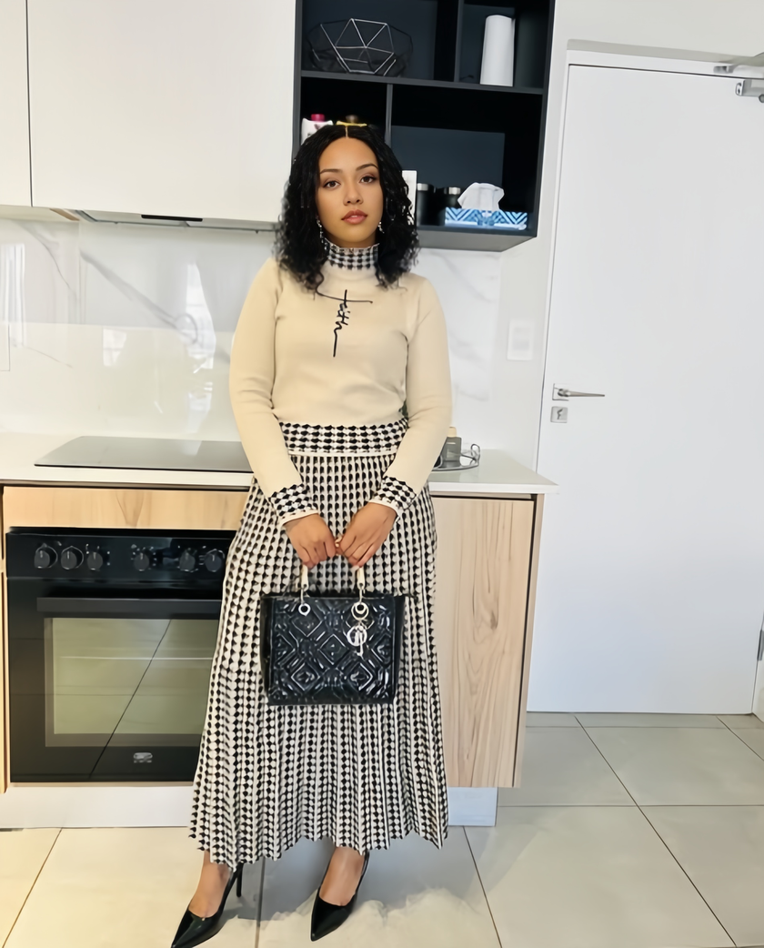 Houndstooth Knitted Two-Piece Set: Long-Sleeve Top and Skirt