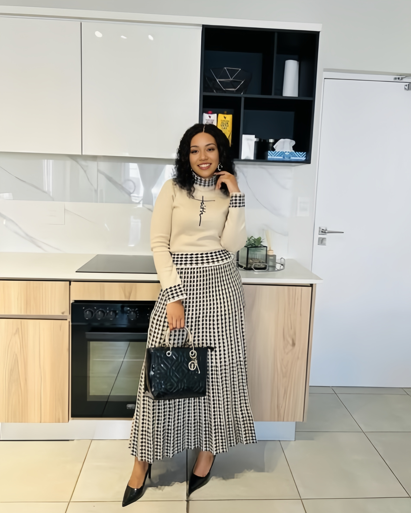 Houndstooth Knitted Two-Piece Set: Long-Sleeve Top and Skirt