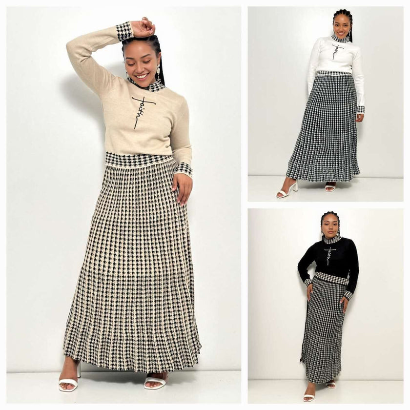 Houndstooth Knitted Two-Piece Set: Long-Sleeve Top and Skirt