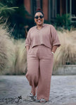 Rosy-brown relaxed-fit blouse and wide-leg pants set with elastic waist and cuffed sleeves