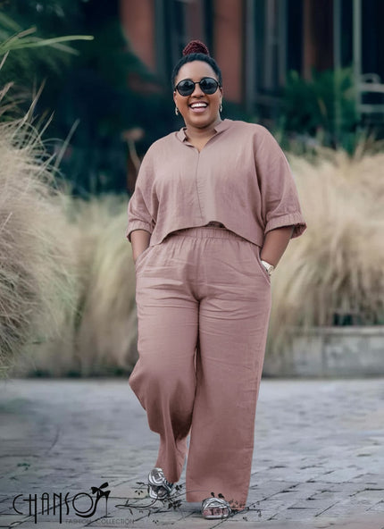 Rosy-brown relaxed-fit blouse and wide-leg pants set with elastic waist and cuffed sleeves