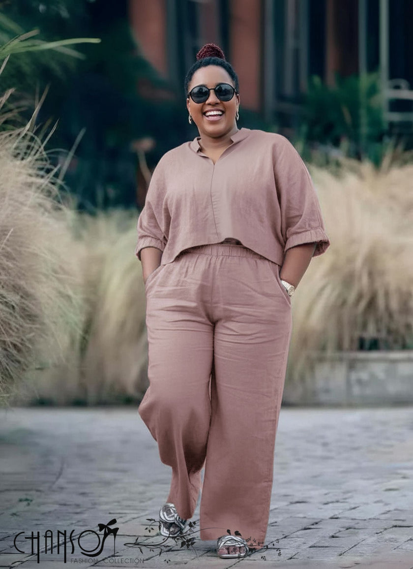 Rosy-brown relaxed-fit blouse and wide-leg pants set with elastic waist and cuffed sleeves