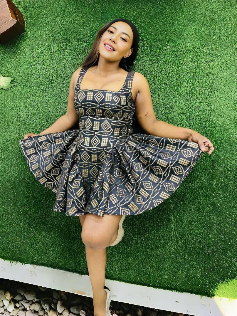 Women's Sleeveless Geometric Pattern Fit and Flare Dress with Square Neckline