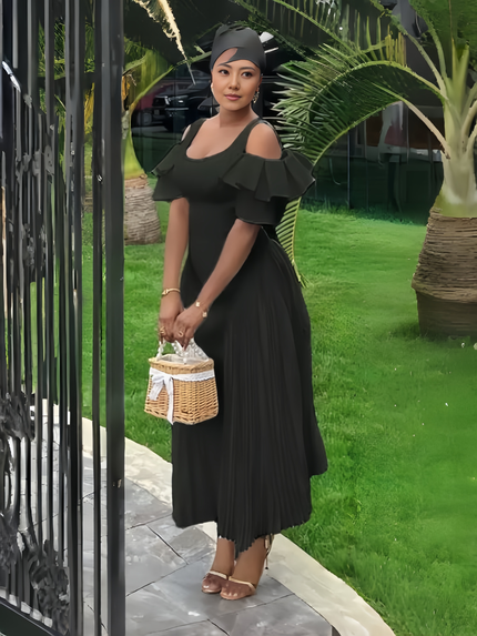 Off-shoulder maxi dress in black with ruffle sleeves and pleated skirt