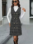 Black plaid sleeveless midi dress with V-neck and double-breasted gold button detail