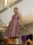 Geometric print sleeveless midi dress, lilac and green fit-and-flare
