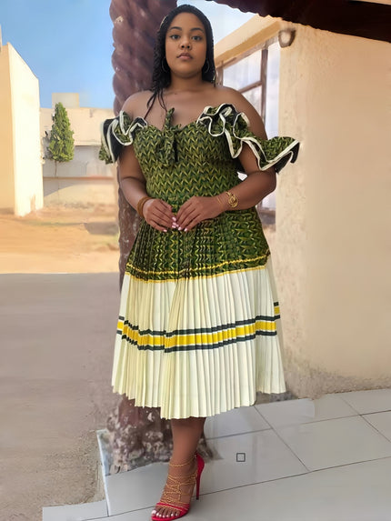 Off-shoulder pleated midi dress with green textured bodice and striped cream skirt