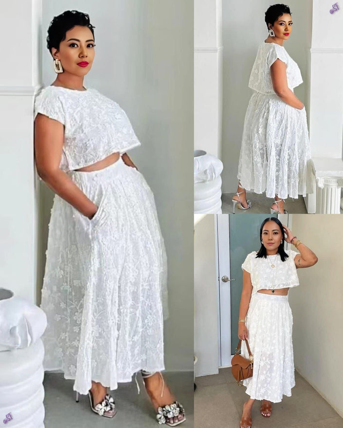 Twin Set Long Skirt Lace Top Short Sleeve Chic