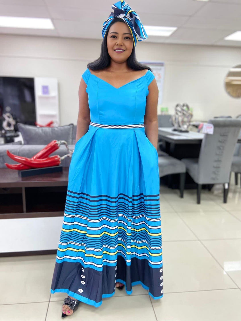 V-Neck Striped Maxi Dress with Button Accents