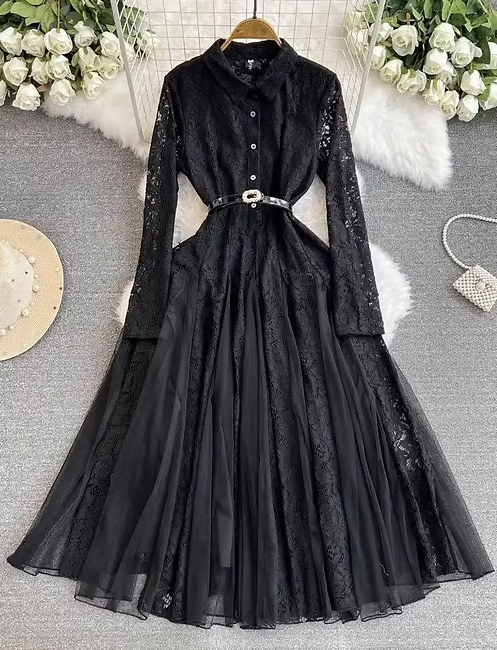 Elegant Lace Long-Sleeve Midi Dress - Button Front, Belted Waist, Flared Skirt