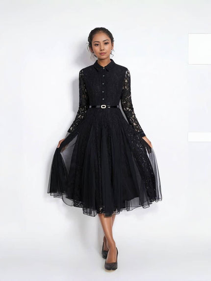 Elegant Lace Midi Dress Long Sleeve Belted Flared Skirt