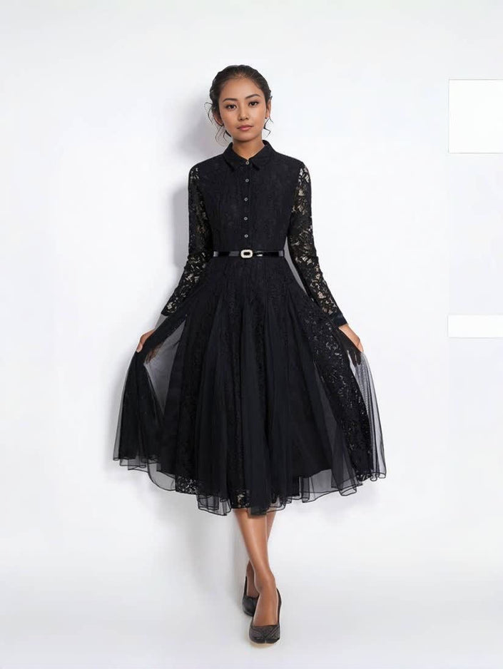 Black belted lace midi dress with long sleeves and flared tulle skirt