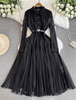 Elegant Lace Long-Sleeve Midi Dress - Button Front, Belted Waist, Flared Skirt