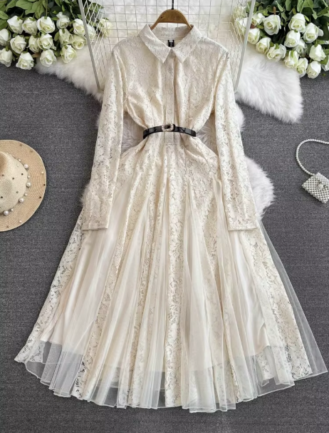 Elegant Lace Long-Sleeve Midi Dress - Button Front, Belted Waist, Flared Skirt