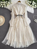 Elegant Lace Long-Sleeve Midi Dress - Button Front, Belted Waist, Flared Skirt