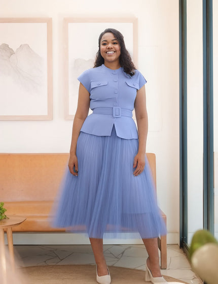 Baby-blue pleated skirt twin set with buttoned peplum top and belt detail