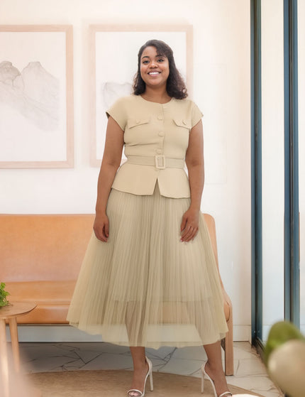 Tan pleated skirt twin set with buttoned peplum top and belt detail